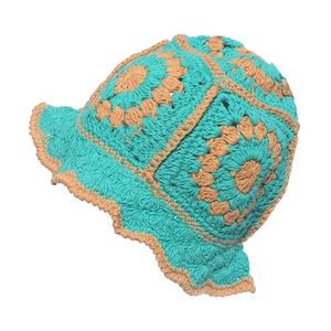 Handmade Crochet Bucket Hat Cotton Floral Patchwork Grandma Square Hollow Out Wavy Brim Bohemian Retro Sun Hat For Women