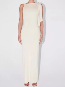 One Shoulder Maxi Dress Polyester Sleeveless Slim Fit Asymmetrical Bow Detail Evening Party Solid Color Women Elegant
