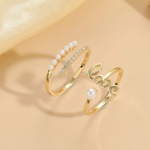 Fashion Adjustable Open Rings Copper With 14K Gold Plating Faux Artificial Pearl And Zircon Love Letter Design For Women
