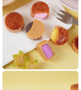 Detailansicht realistischer PVC-Mondkuchen-Modelle mit farbenfrohen Füllungen
