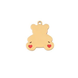 Detailed close-up of golden teddy bear pendant with red heart paws and a connector ring