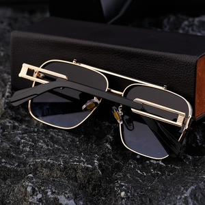 Mens square rimless sunglasses in black and gold with a premium leather case