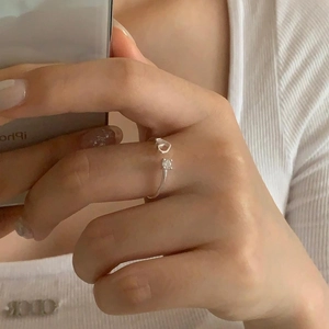 Minimalist S925 sterling silver open ring with hollow heart and zircon stone inlay