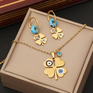 Stainless Steel Four Leaf Clover Necklace Bracelet Earrings Evil Eye Pendant Jewelry Fashion Elegant Women