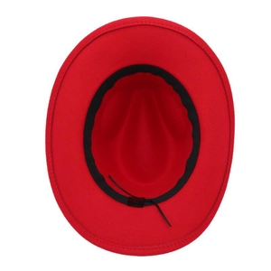 Top view of bright red wool felt fedora showing inner black sweatband and adjustable drawstring