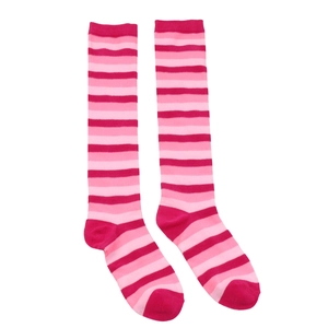 Detailed view of pink and dark pink striped knee-high socks laid flat on white background