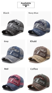 Macro view of distressed brim and 3D embroidery on six assorted vintage baseball caps