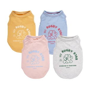 Four colors of summer breathable cotton pet vests featuring Rugby Star cartoon prints