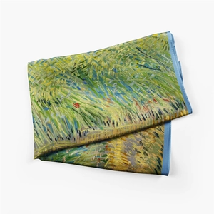 Detail of Van Gogh Wheat Field print on elegant square silk scarf with blue border