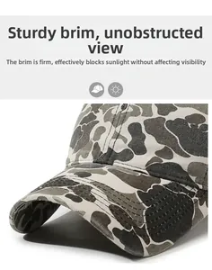 Detailed close-up showing the reinforced brim and camo fabric of the baseball cap