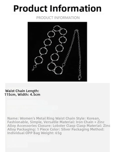 Detail showing the 115cm silver metal waist chain with 4.5cm rings and lobster clasp