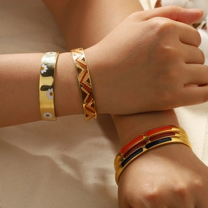 Colorful enamel painted stainless steel geometric open bangle bracelets set for women