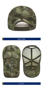 Detailed views of camouflage mesh baseball cap showing breathable back and interior structure