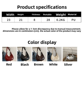 Size chart showing crescent bag dimensions 23x21x8cm and available five color options