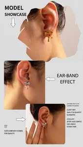 Detail of bow-knot stud earrings in gold and silver finish shown on a model