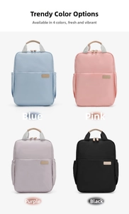 Detailed comparison of laptop backpacks in four colors: blue, pink, purple, and black