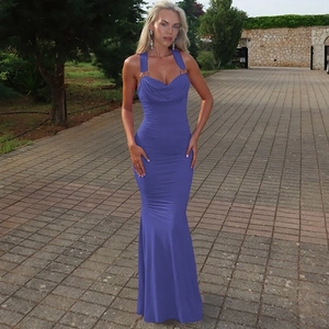 Detail of blue backless bodycon maxi dress with gold metal ring neck strap and open back