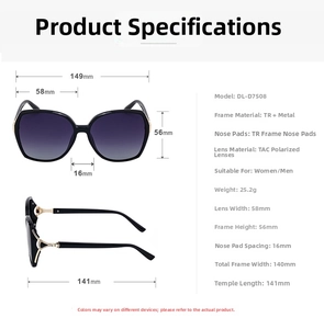 Spécifications des lunettes de soleil polarisées carrées avec largeur de 149 mm et détail