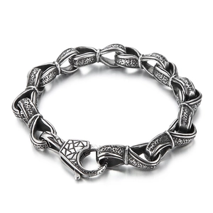 Retro punk titanium steel link bracelet with hammered texture and geometric clasp