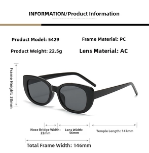 Detailed size chart for retro cat eye sunglasses showing dimensions and PC frame specs