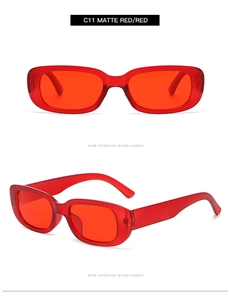 Detailed front and side view of matte red rectangular sunglasses in semi-transparent finish