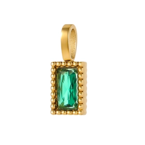 Pendentif rectangulaire doré avec pierre précieuse verte et bordure perlée sophistiquée