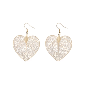 Detailed view of golden heart-shaped earrings with intricate leaf vein filigree texture