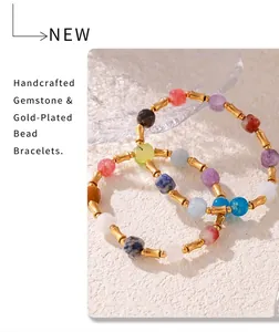 Detail of bohemian colorful stone beads with gold bamboo-style spacers on bracelets