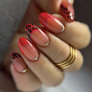Rote Französische Leopard Print Press On Nägel Ovale Form Strass Dekor Glänzende ABS Künstliche Fingernägel Für Damen