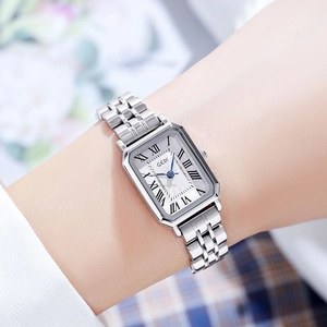 Elegant silver square quartz watch for women with roman numerals and stainless steel strap