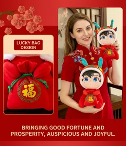 Detail of the Year of the Dragon plush toy featuring a traditional red lucky bag