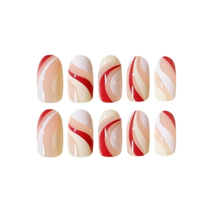 Classic french press-on nails with red and white swirl designs on oval fake nail tips
