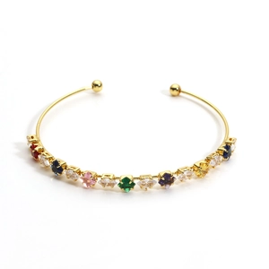 Elegant gold-plated open bangle with colorful multi-gemstone rhombic zircon inlays