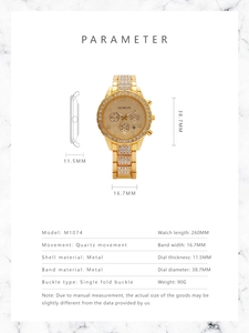 Detailed size parameters for gold Geneva quartz watch with rhinestone bezel and band