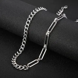 Stainless Steel Splicing Necklace Silver Cuban Link Mixed Paperclip Chain Minimalist Hip Hop Jewelry For Men Women