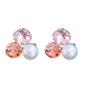 Elegant silver stud earrings featuring pink crystals and white pearls in a triangular cluster