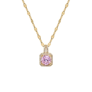 Halskette aus Titanstahl mit quadratischem Anhänger, rosa Edelstein und Zirkonia-Heiligenschein