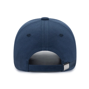 Navy blue baseball cap rear view with adjustable silver metal buckle and strap
