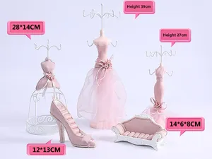 Pink velvet 5-piece jewelry display set with mannequin stands and sofa organizer