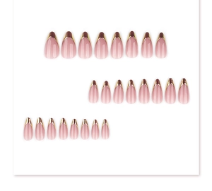 Detailed view of the French gold almond press-on nails set with metallic mirror finish