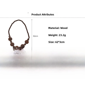 Macro detail of dark brown wooden bead necklace with geometric round pendants and dimensions