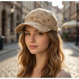 Detailed view of beige canvas baseball cap featuring monogram embroidery and 3D lettering
