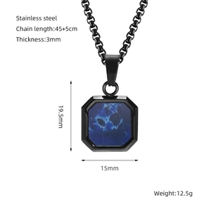 Men's black stainless steel necklace with blue marble pendant and size specifications