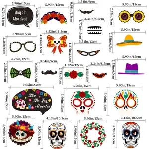 21-piece Day of the Dead photo booth props kit with detailed size chart for party fun