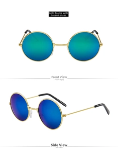Detail view of round gold metal sunglasses with green and blue reflective lenses
