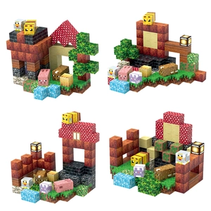 Magnetic pixel building block set with light featuring farm animals and grass cubes
