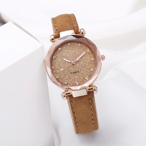 Women's rose gold starry sky quartz watch with camel leather strap and rhinestone dial