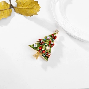 Elegant Christmas tree brooch with green enamel, red bows and colorful rhinestones