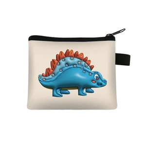 Detail of cute blue dinosaur print on beige coin purse with black zipper closure