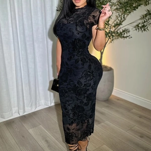 Abito Maxi Rete Burnout Floreale Nero Donna Con Sottoveste Canotta Vestibilità Slim Maniche Corte Girocollo Party